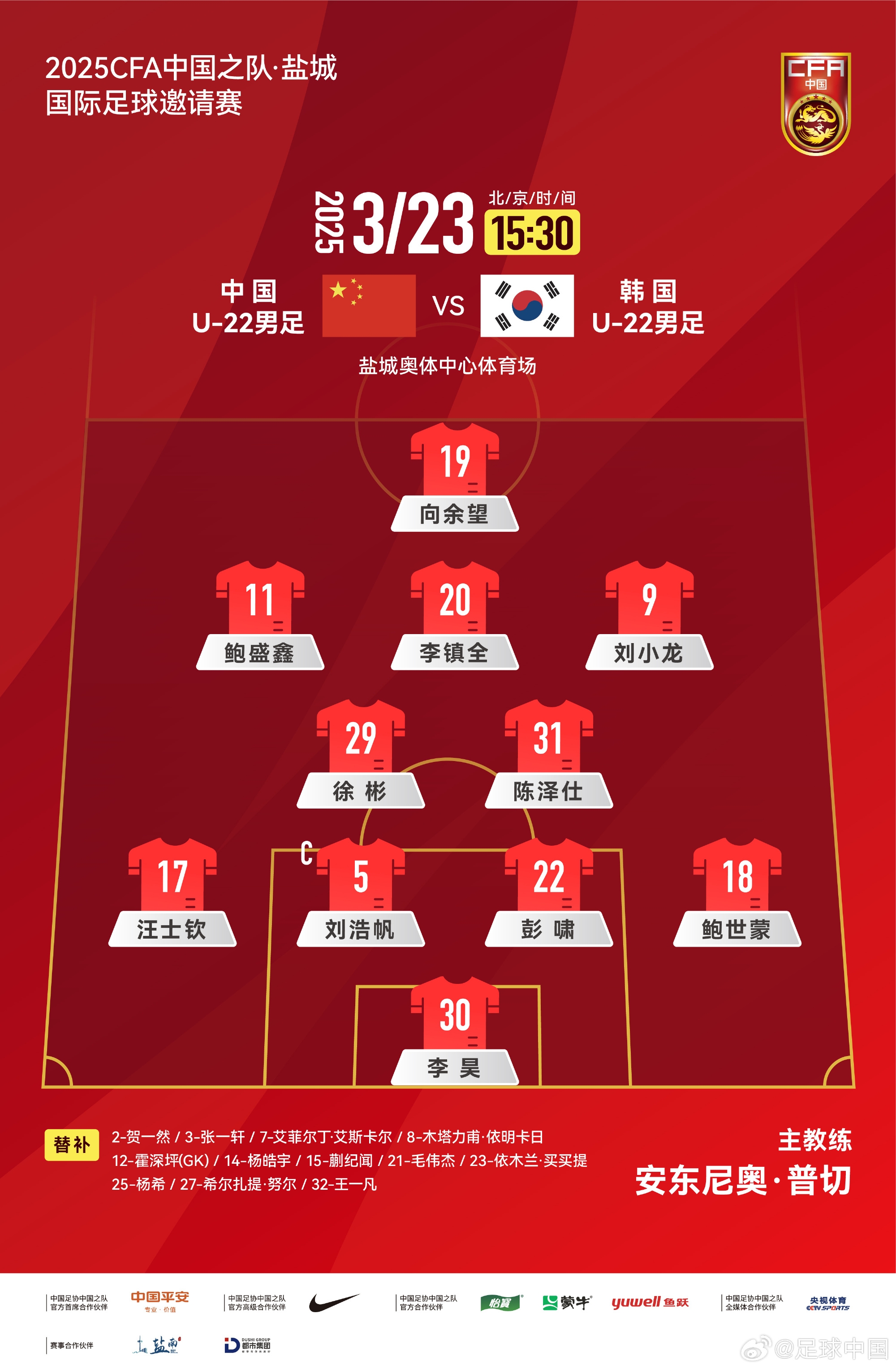  鹽城四國賽，中國U-22男足對(duì)陣韓國U-22男足，中國隊(duì)首發(fā)陣容