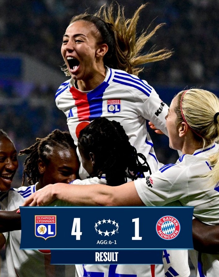  里昂女足4-1大勝拜仁女足，總比分6-1晉級(jí)女足歐冠半決賽