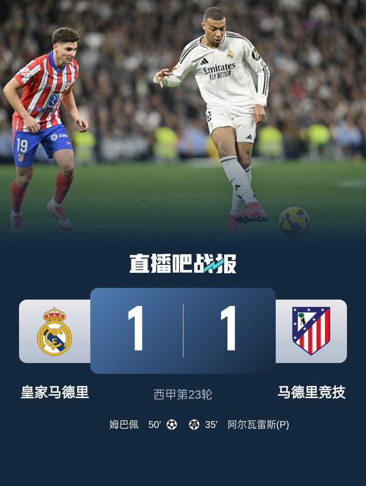  4平1負(fù)！皇馬聯(lián)賽對(duì)馬競(jìng)已5場(chǎng)不勝，4次戰(zhàn)成1-1
